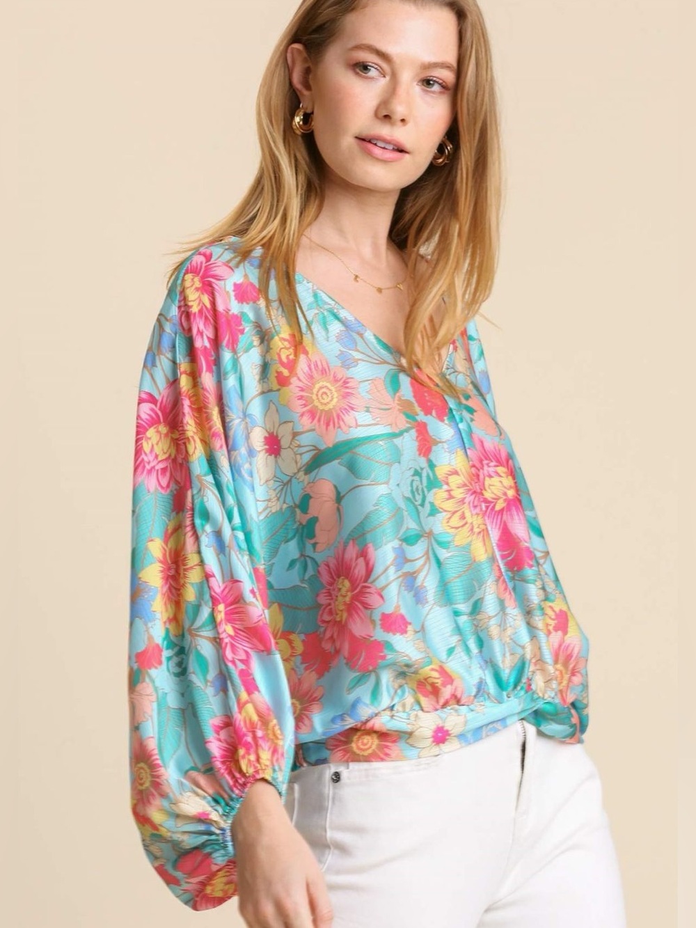 🩵Floral Print Smocked Back Hem V-Neck Blouse - Turquoise